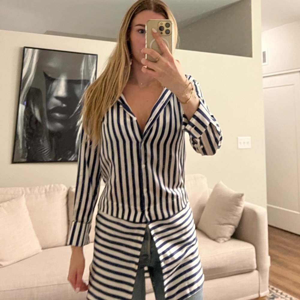 Burberry Silk Striped Button Down Dress/Tunic Length